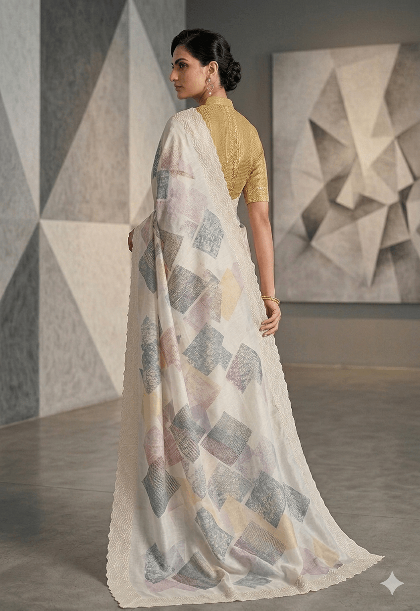 Off - White Geometric Print Saree with Scalloped Lace Border - Shop Vastram
