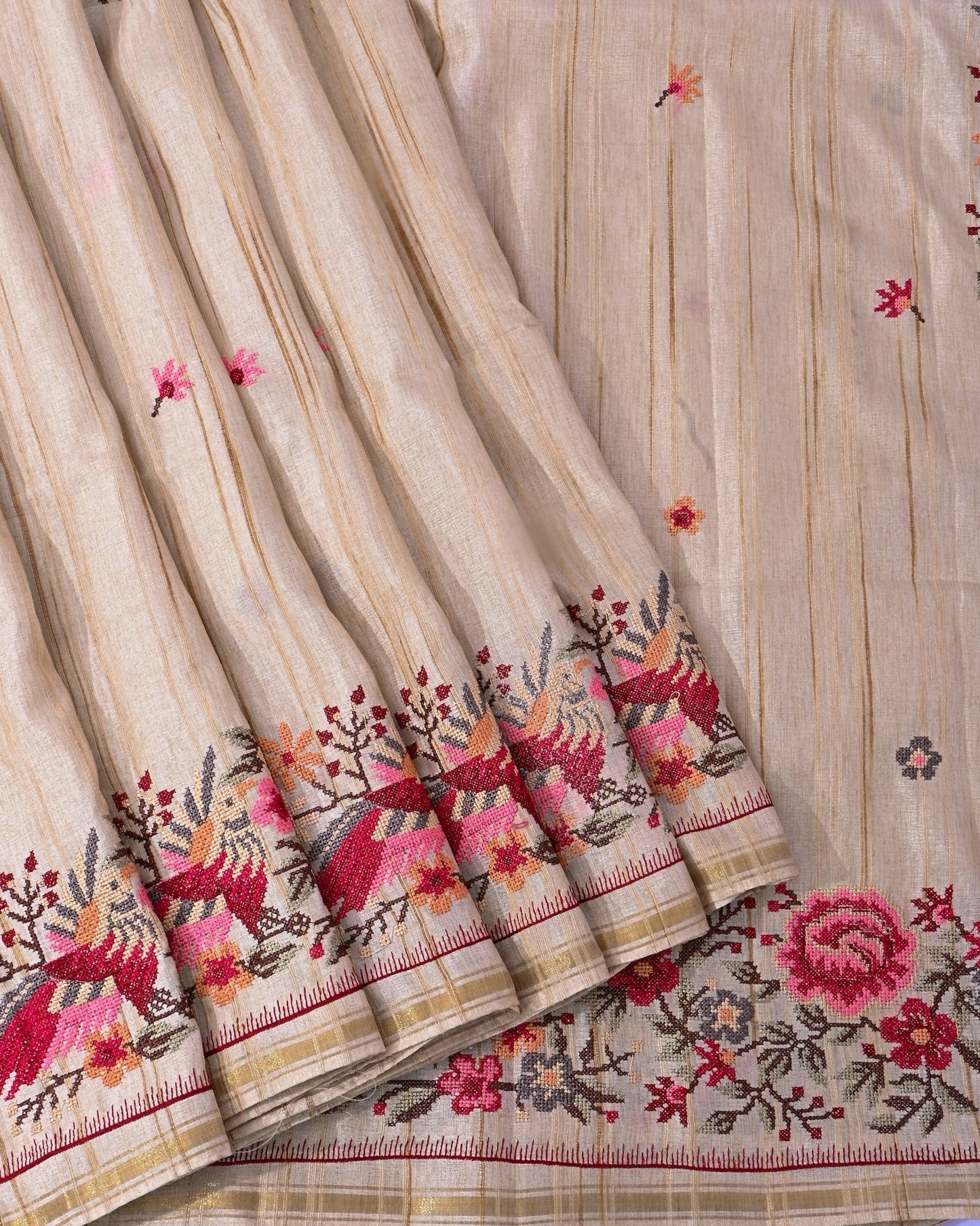 Off White Silk Embroidery Saree - Shop Vastram