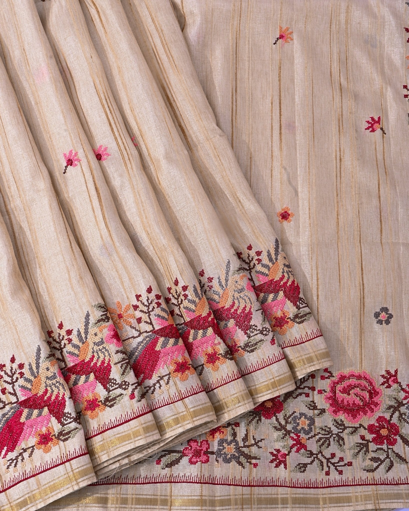 Off White Silk Embroidery Saree - Shop Vastram