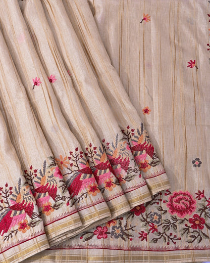 Off White Silk Embroidery Saree - Shop Vastram