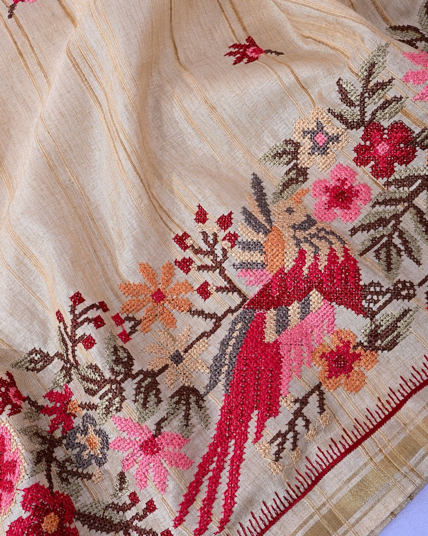 Off White Silk Embroidery Saree - Shop Vastram