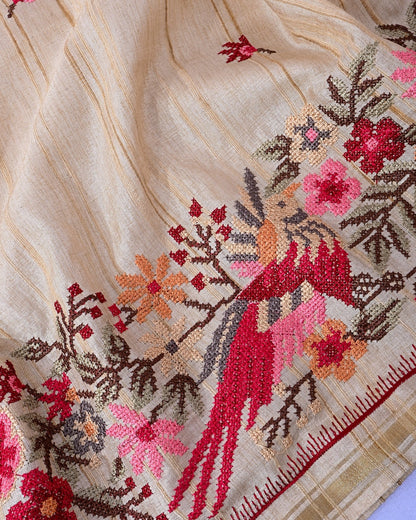 Off White Silk Embroidery Saree - Shop Vastram