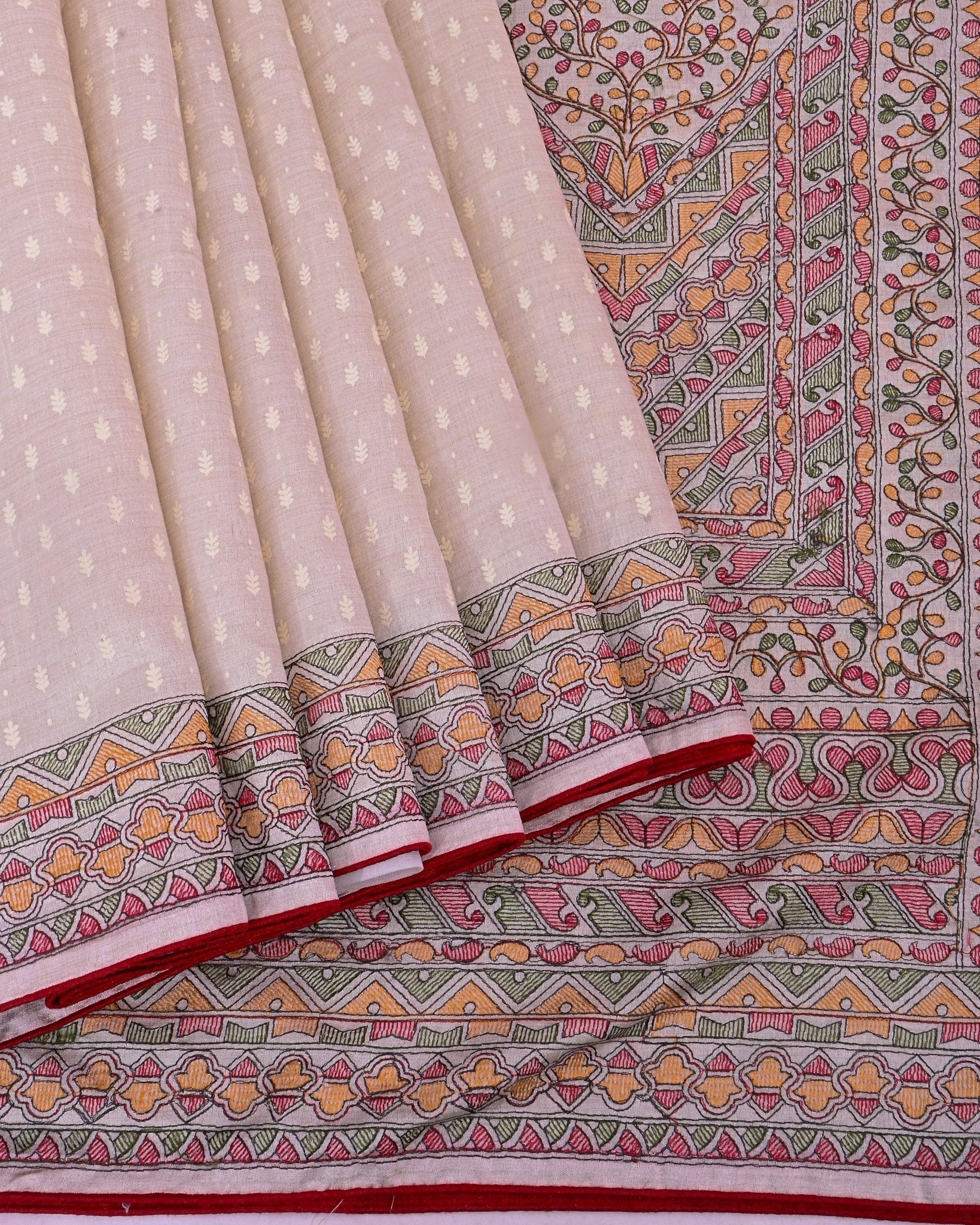 Off White Silk Embroidery Saree - Shop Vastram