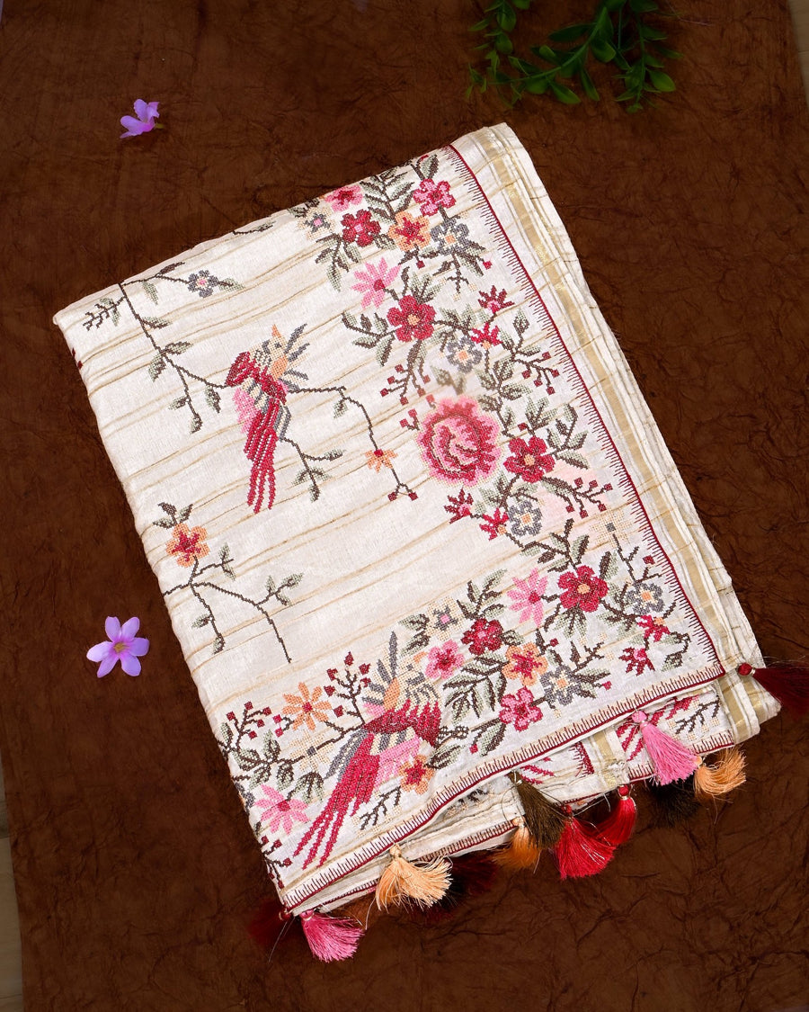 Off White Silk Embroidery Saree - Shop Vastram
