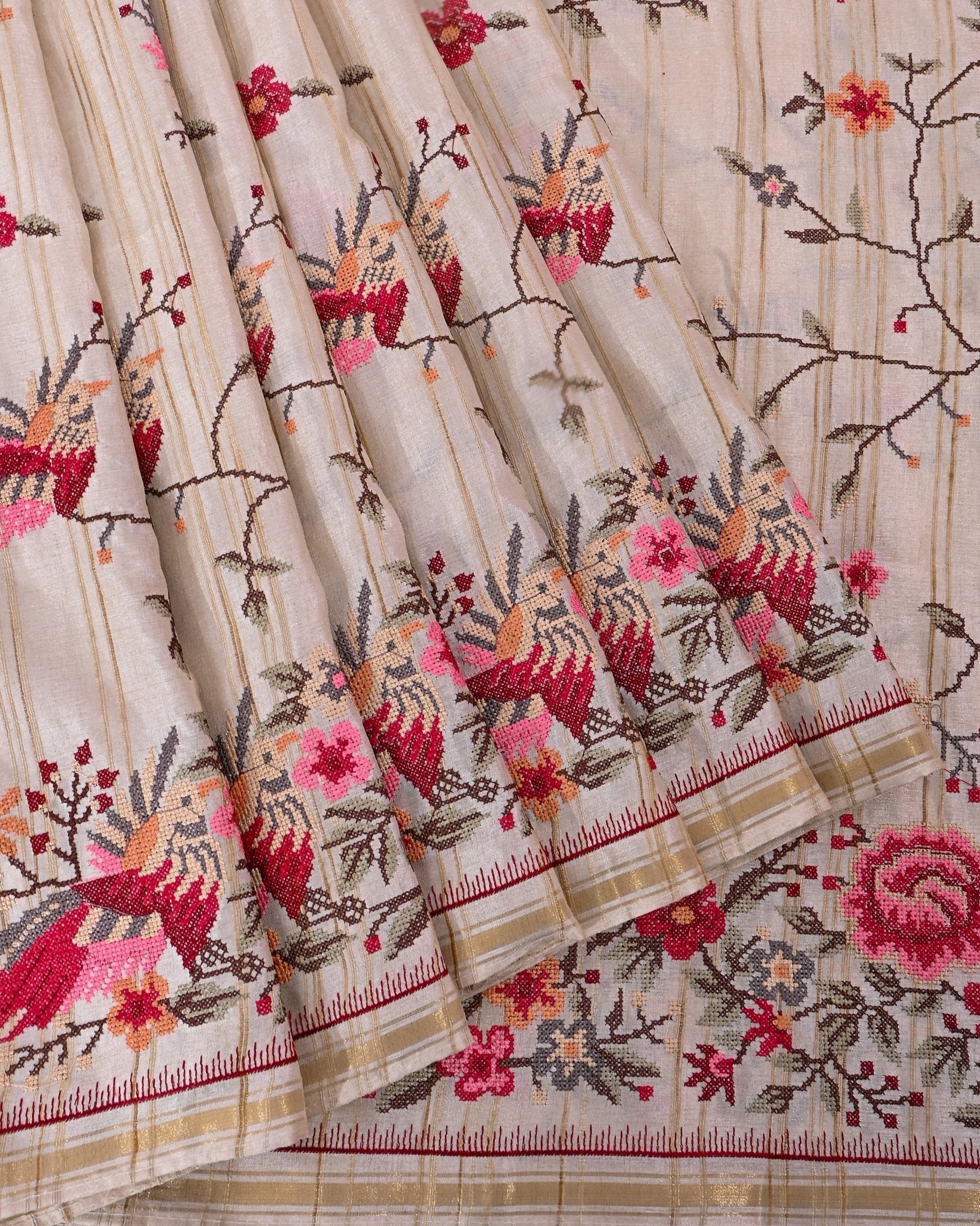 Off White Silk Embroidery Saree - Shop Vastram