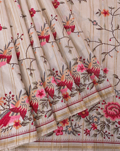 Off White Silk Embroidery Saree - Shop Vastram