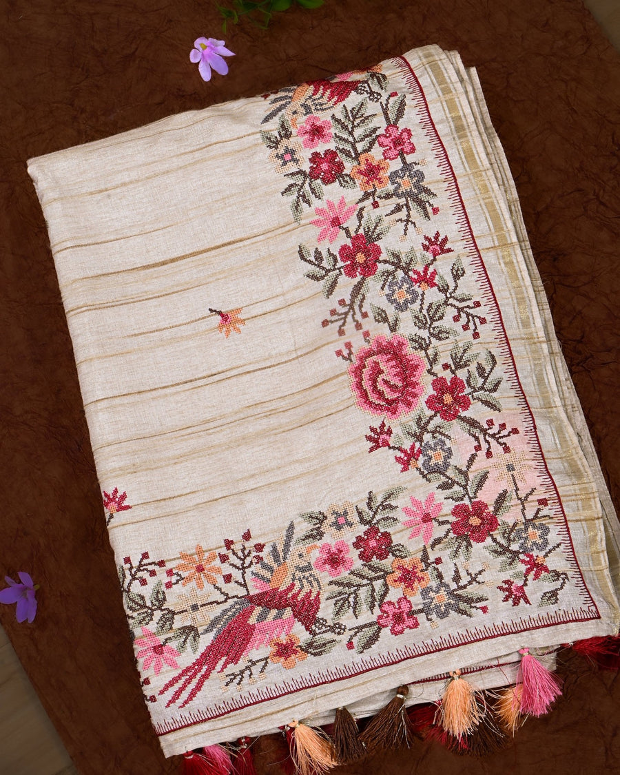 Off White Silk Embroidery Saree - Shop Vastram