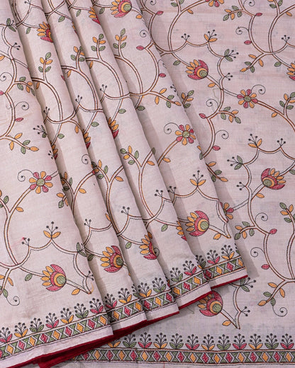 Off White Silk Embroidery Saree - Shop Vastram