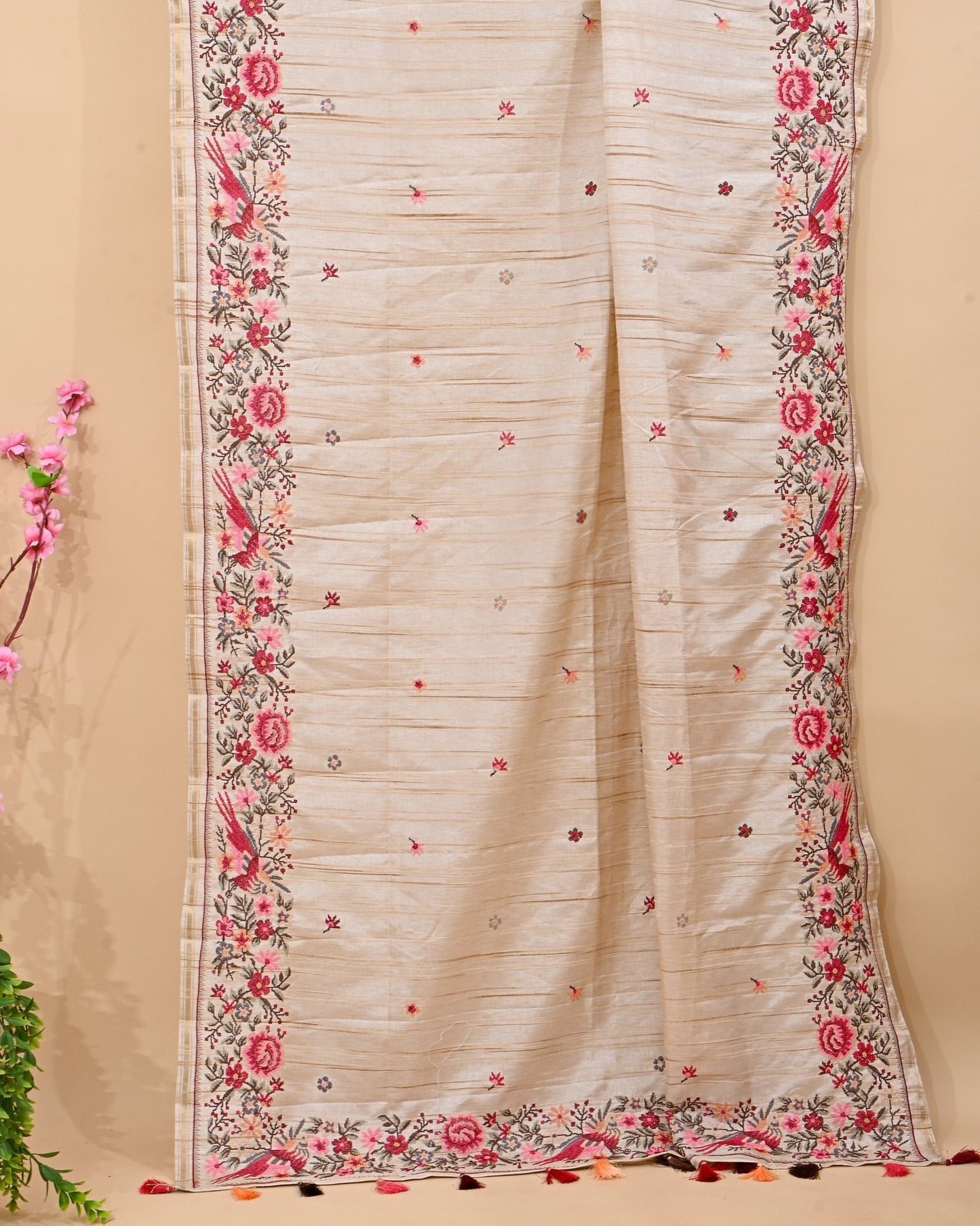 Off White Silk Embroidery Saree - Shop Vastram