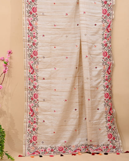 Off White Silk Embroidery Saree - Shop Vastram
