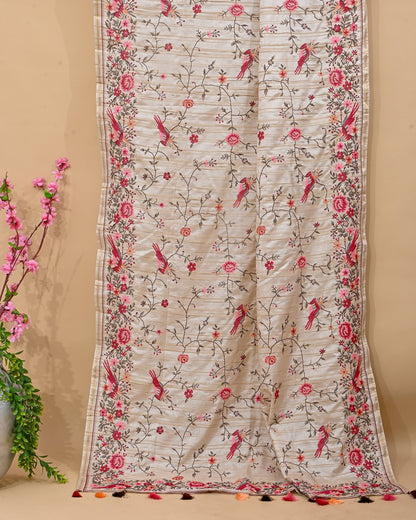Off White Silk Embroidery Saree - Shop Vastram
