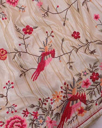 Off White Silk Embroidery Saree - Shop Vastram