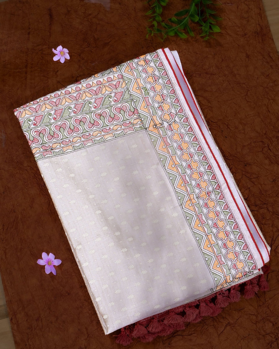 Off White Silk Embroidery Saree - Shop Vastram