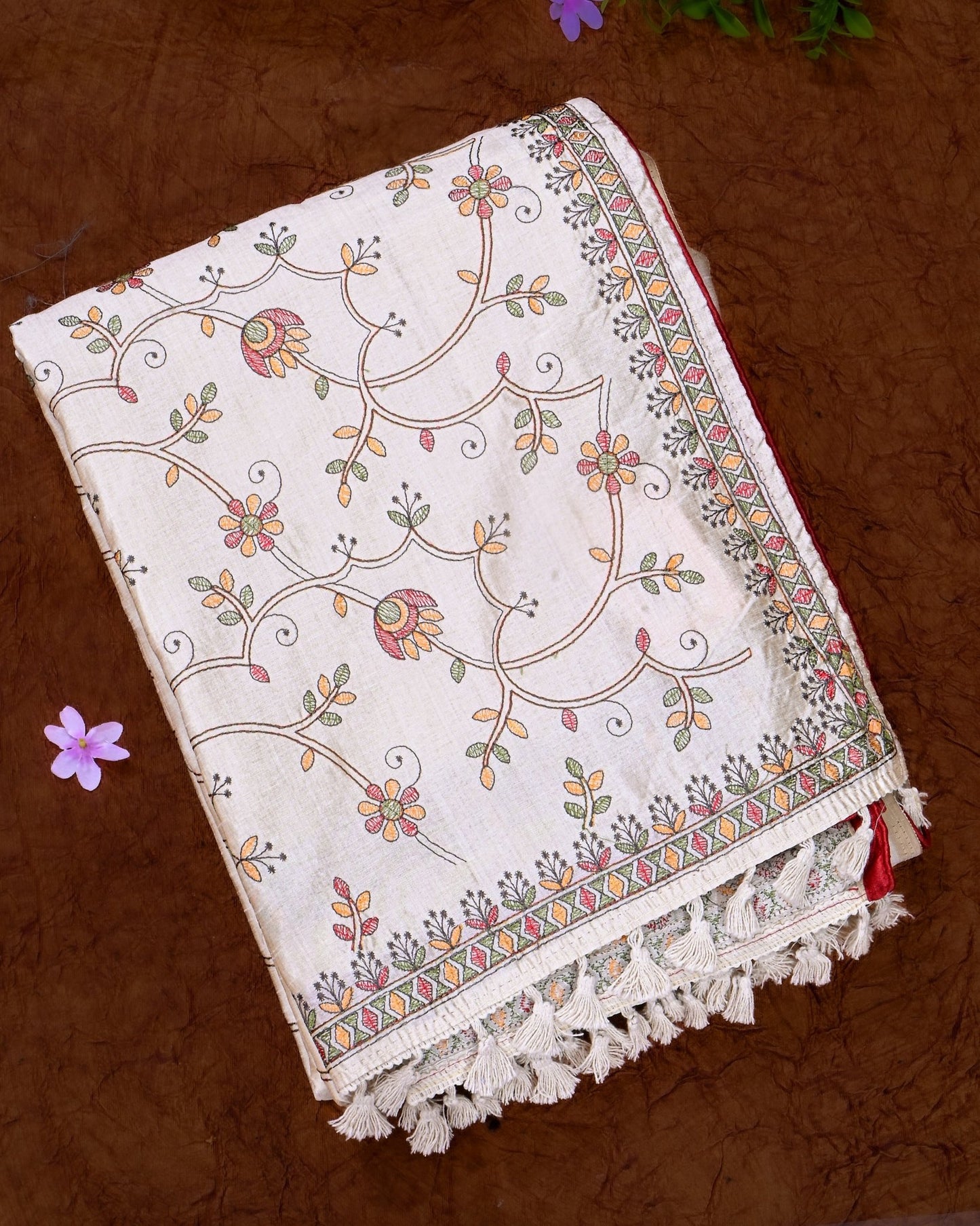 Off White Silk Embroidery Saree - Shop Vastram
