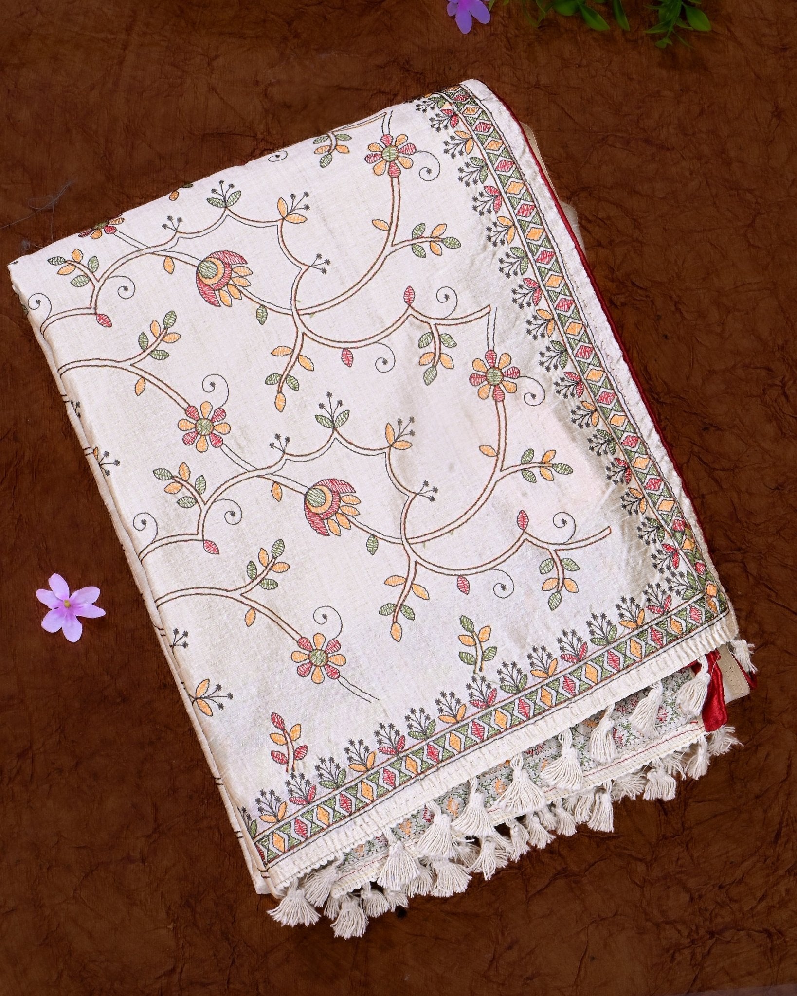 Off White Silk Embroidery Saree - Shop Vastram