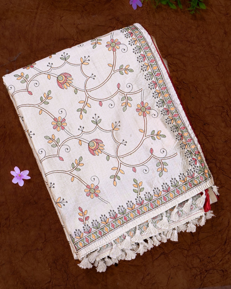 Off White Silk Embroidery Saree - Shop Vastram