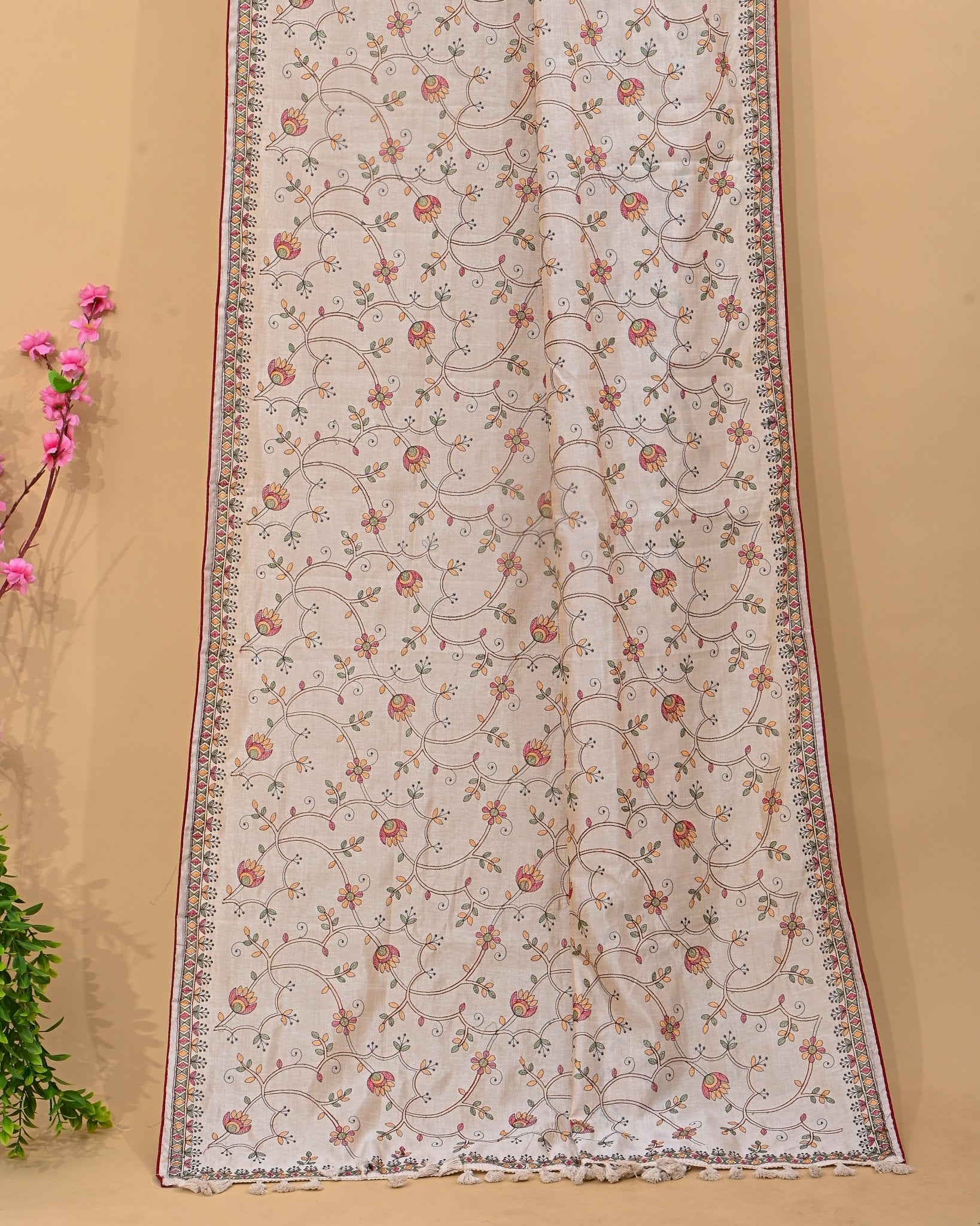 Off White Silk Embroidery Saree - Shop Vastram