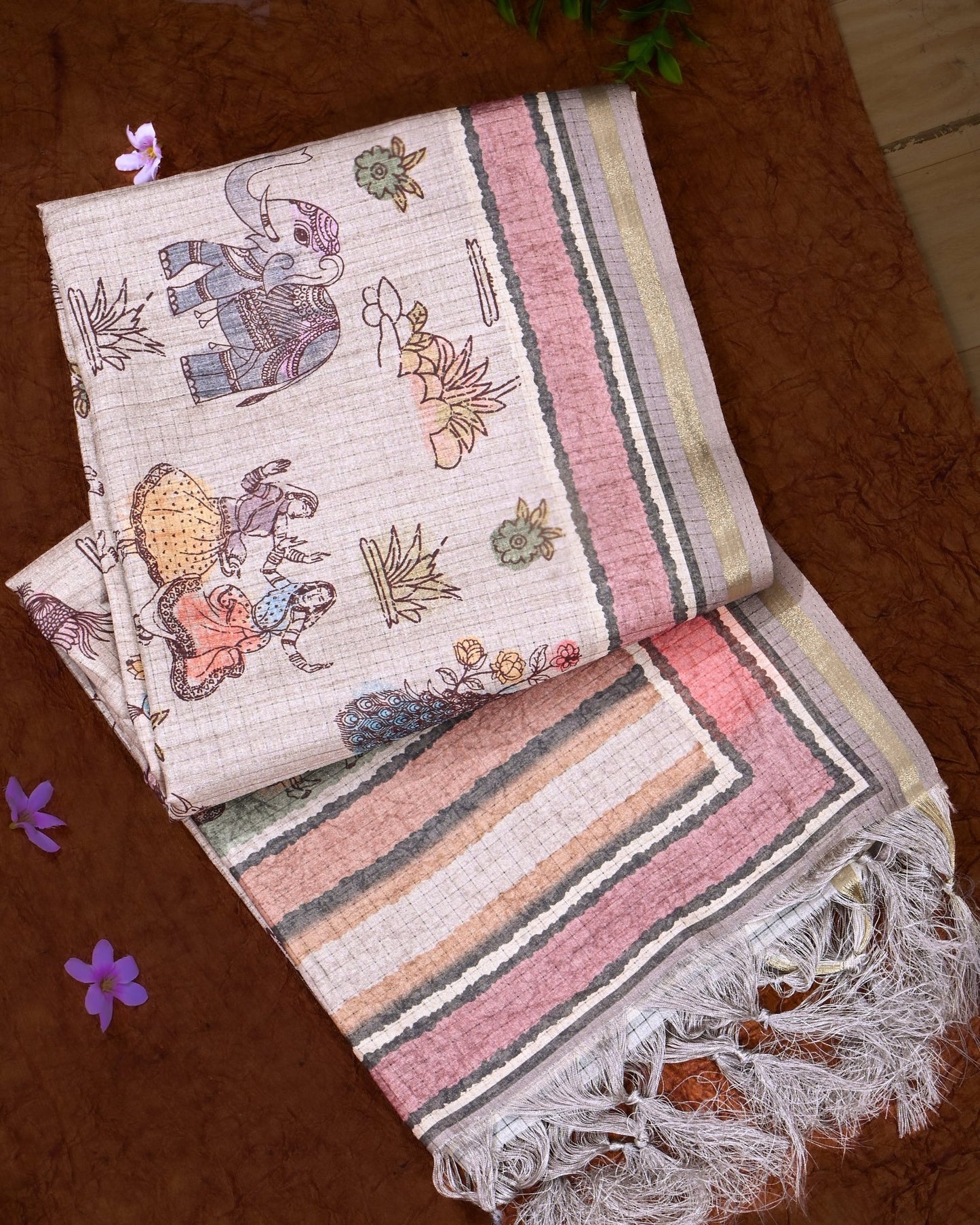Off White Silk Printed Saree - Shop Vastram