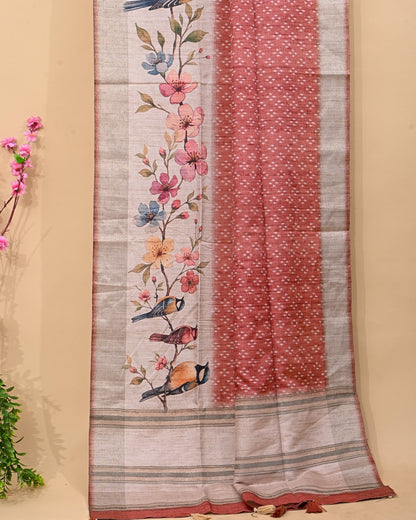 Off White Tusser printed Saree - Shop Vastram