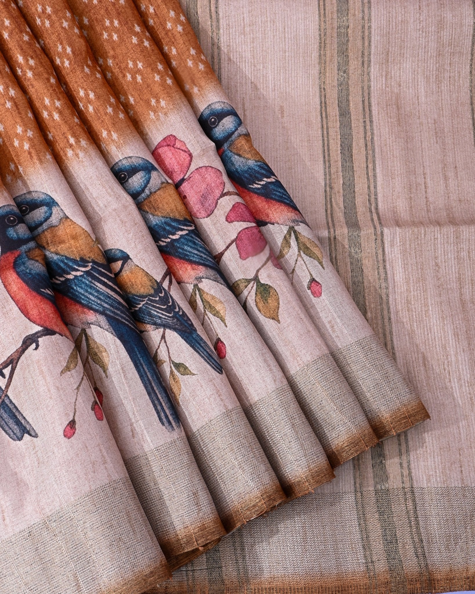 Off White Tusser printed Saree - Shop Vastram