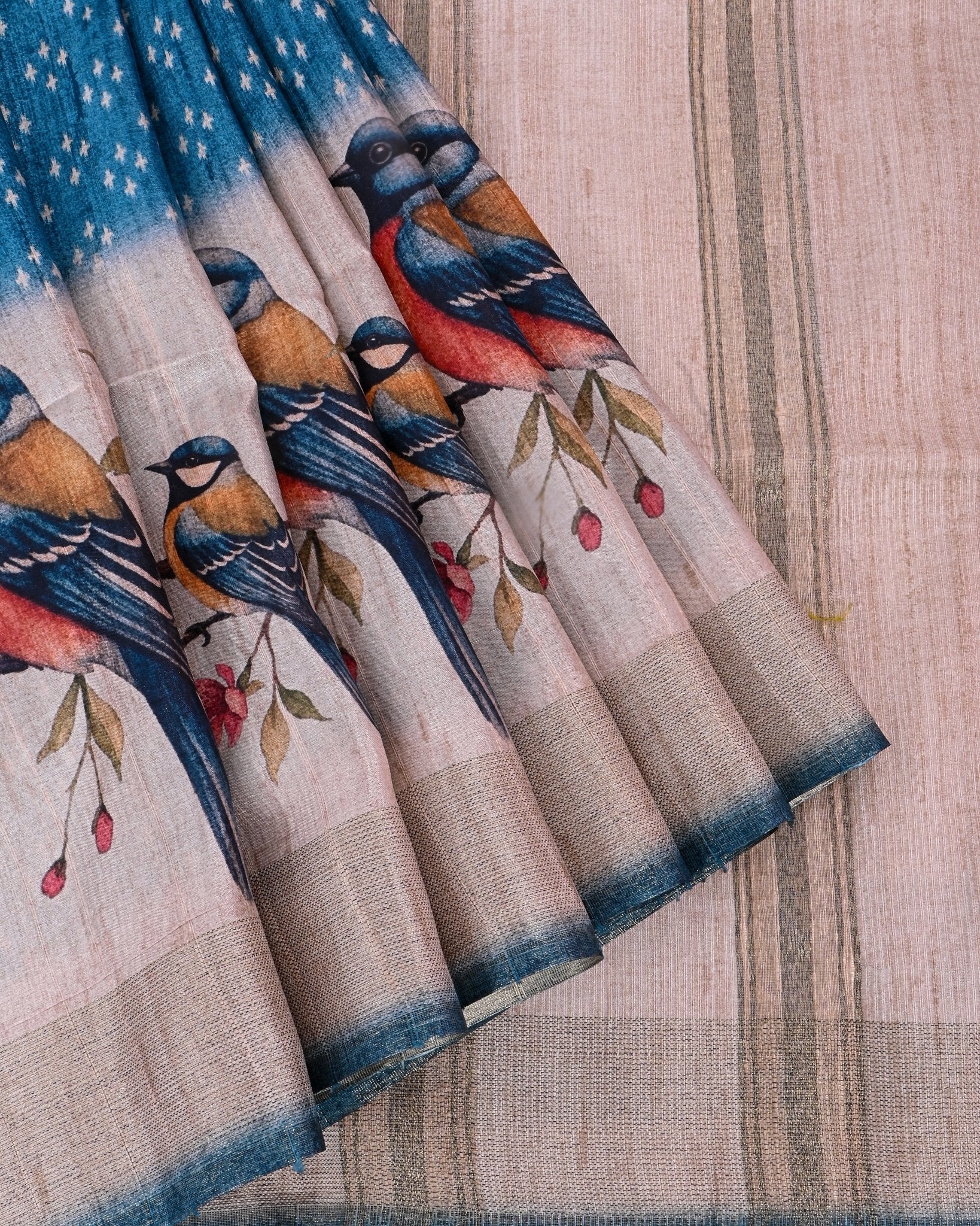 Off White Tusser printed Saree - Shop Vastram