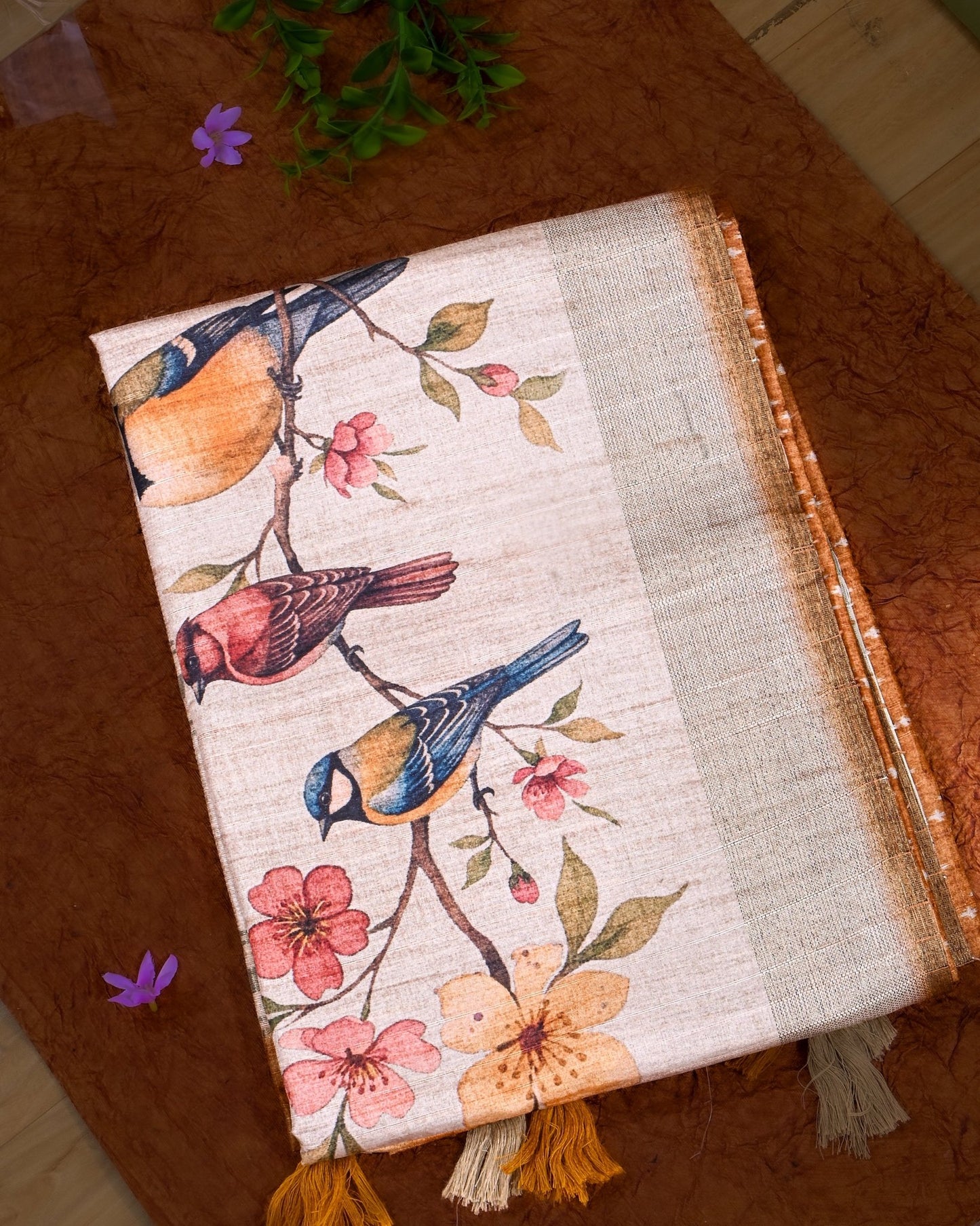 Off White Tusser printed Saree - Shop Vastram