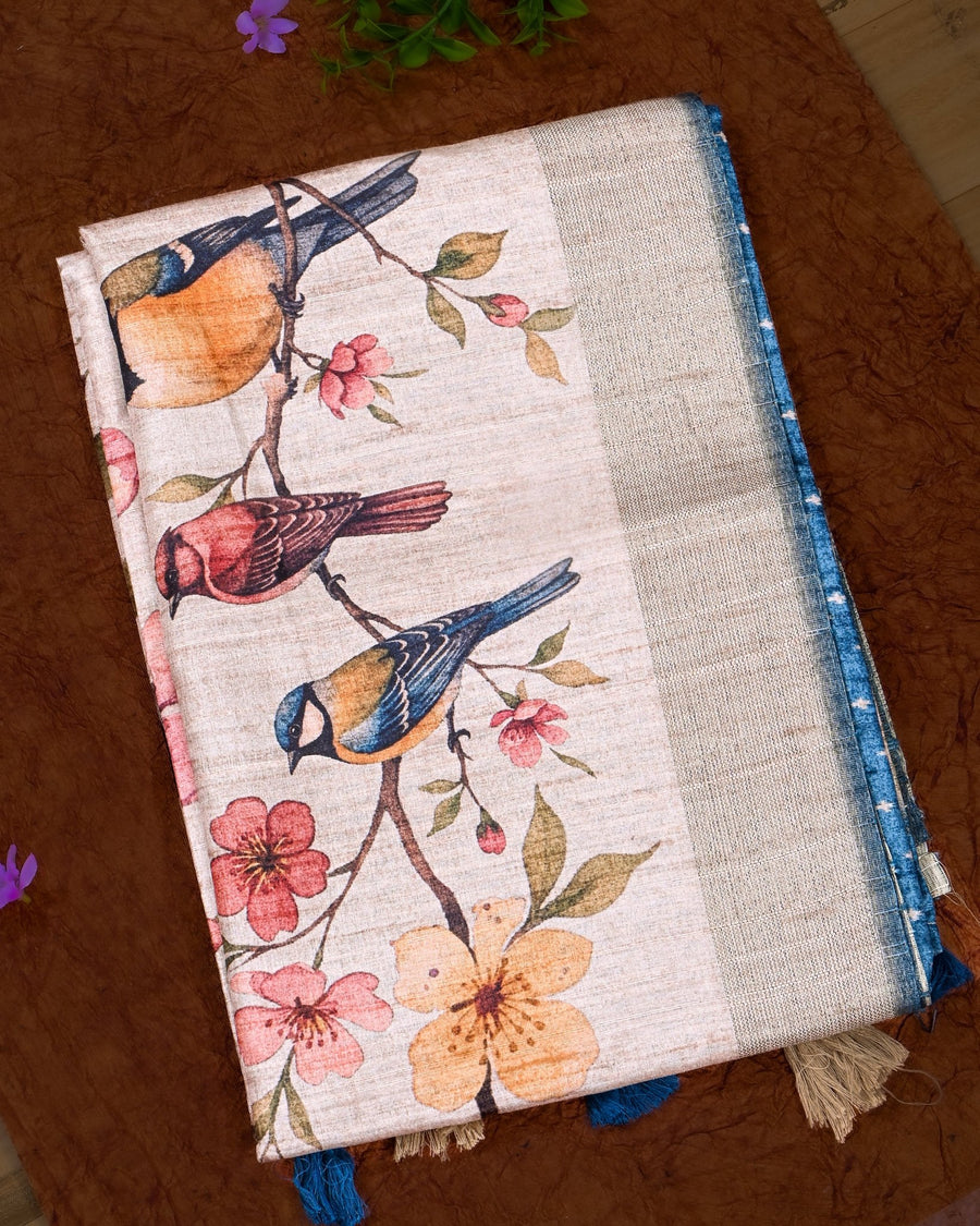 Off White Tusser printed Saree - Shop Vastram