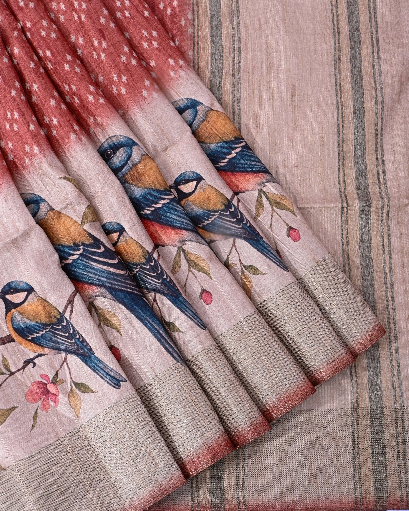 Off White Tusser printed Saree - Shop Vastram