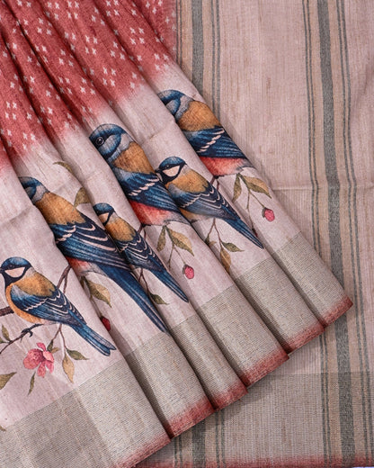 Off White Tusser printed Saree - Shop Vastram