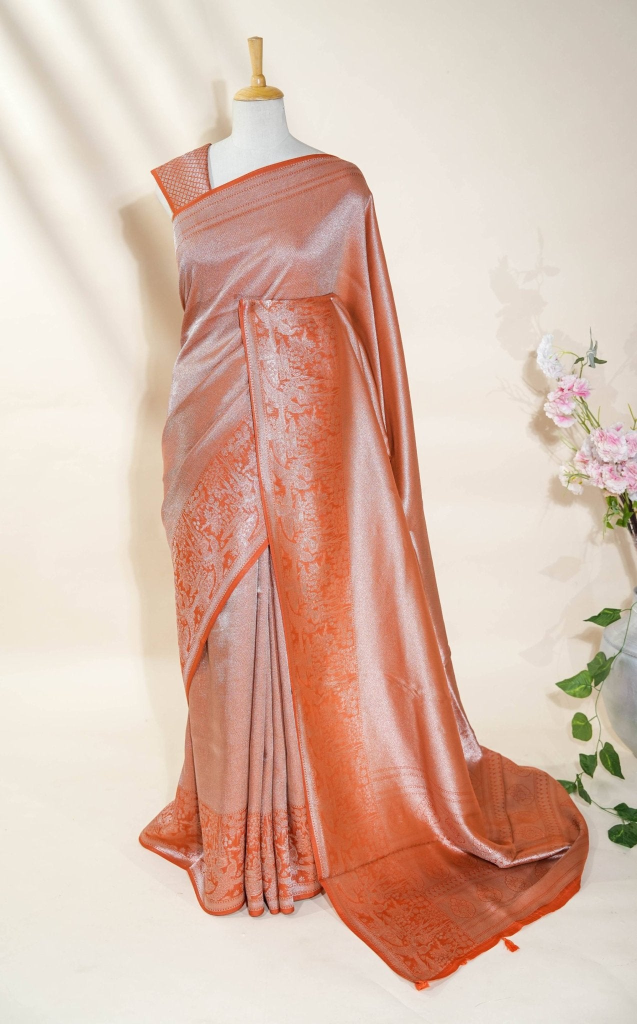 Orange Banarasi Tissue Saree - Shop Vastram