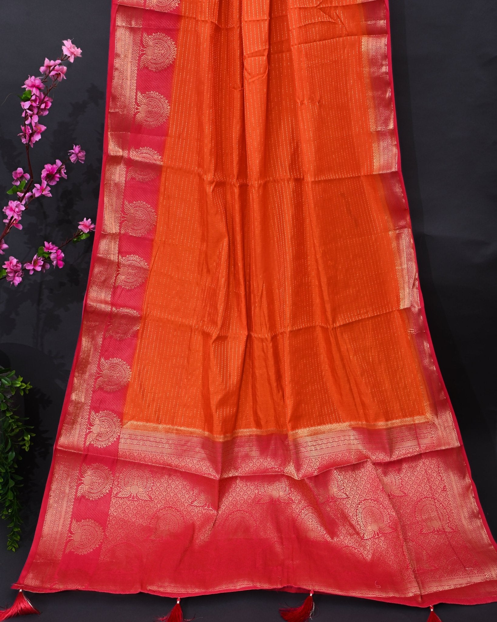 Orange Silk Banarasi Saree - Shop Vastram