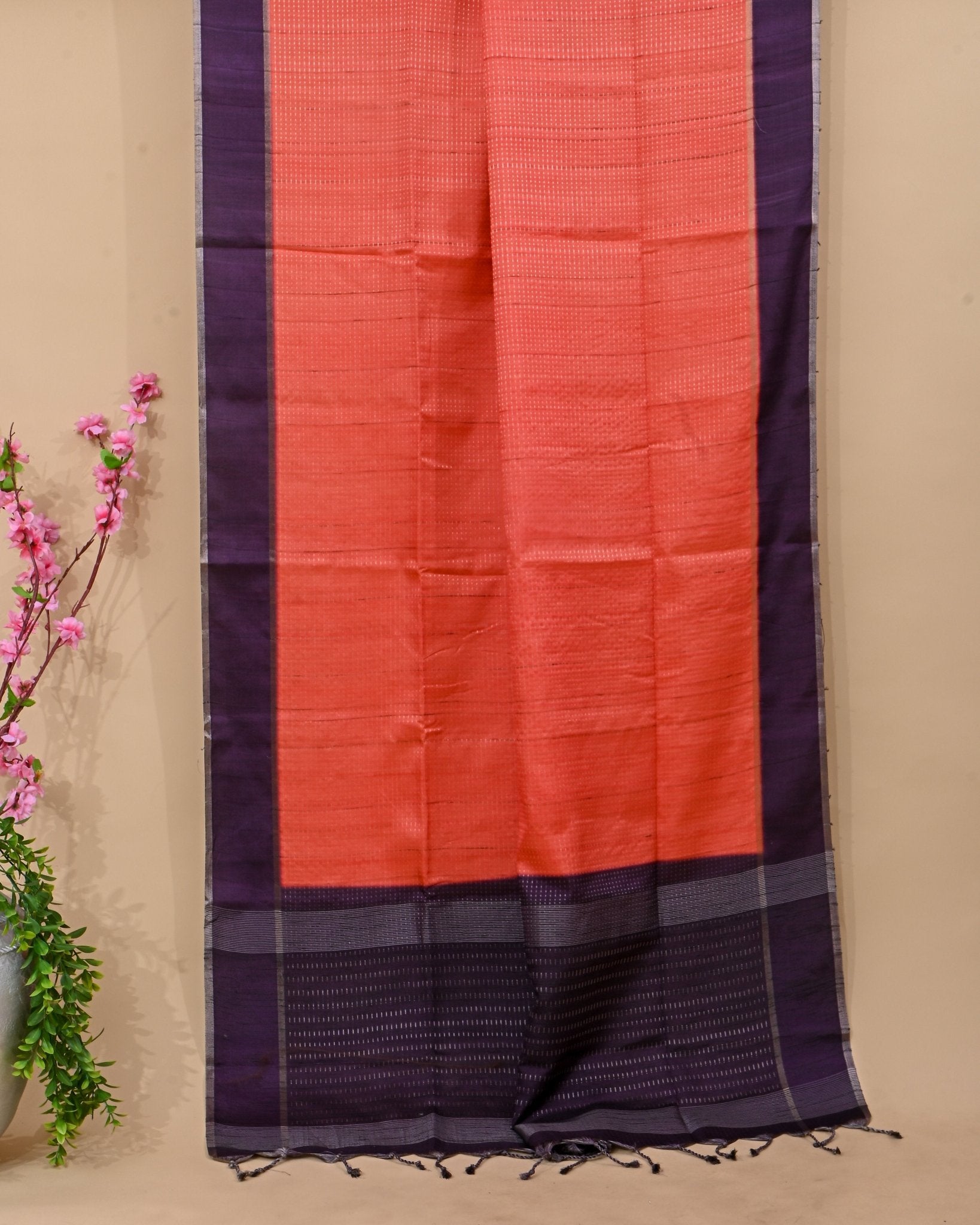 Orange Tusser Banarsi Saree - Shop Vastram