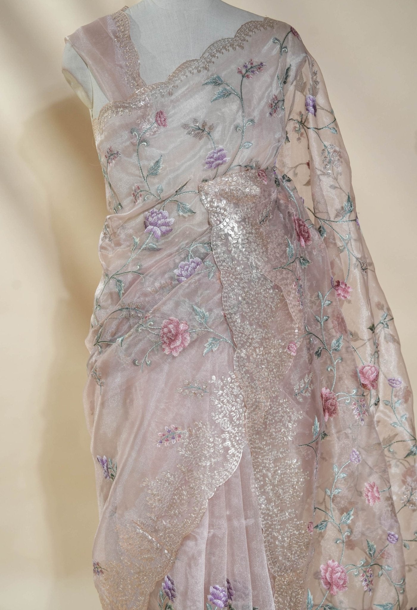 Pastel Embroidery Tissue Saree - Shop Vastram