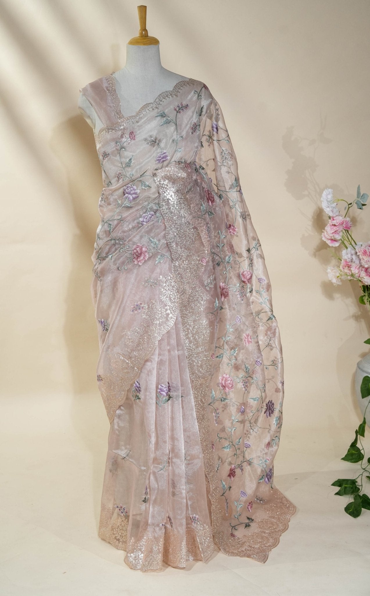 Pastel Embroidery Tissue Saree - Shop Vastram