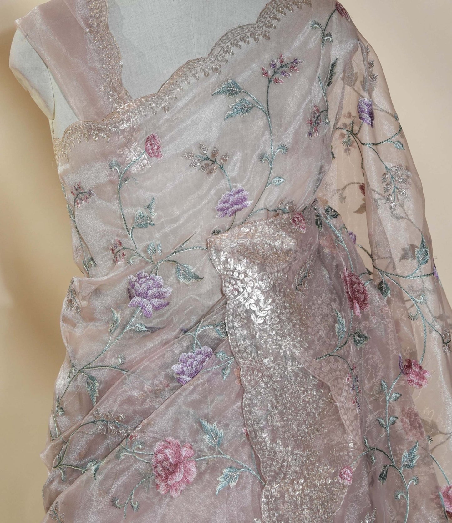 Pastel Embroidery Tissue Saree - Shop Vastram