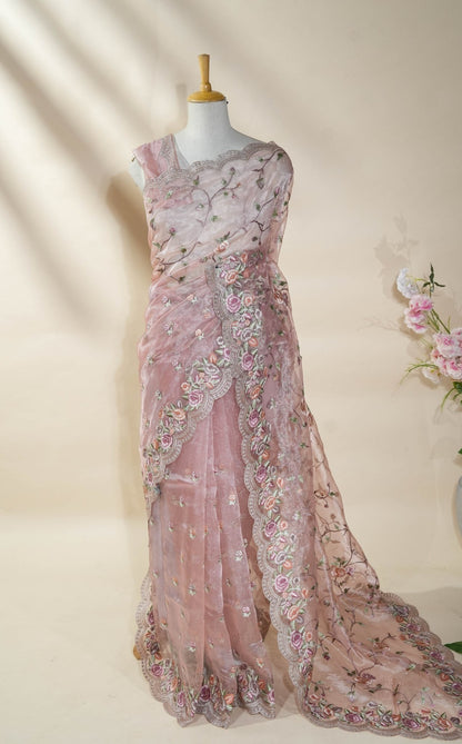 Pastel Embroidery Tissue Saree - Shop Vastram