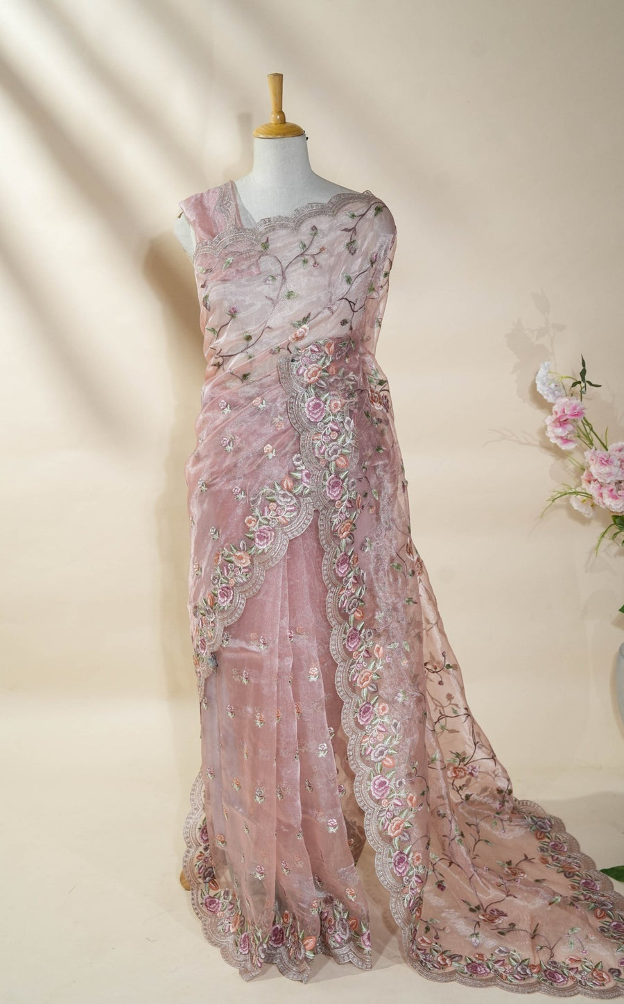 Pastel Embroidery Tissue Saree - Shop Vastram