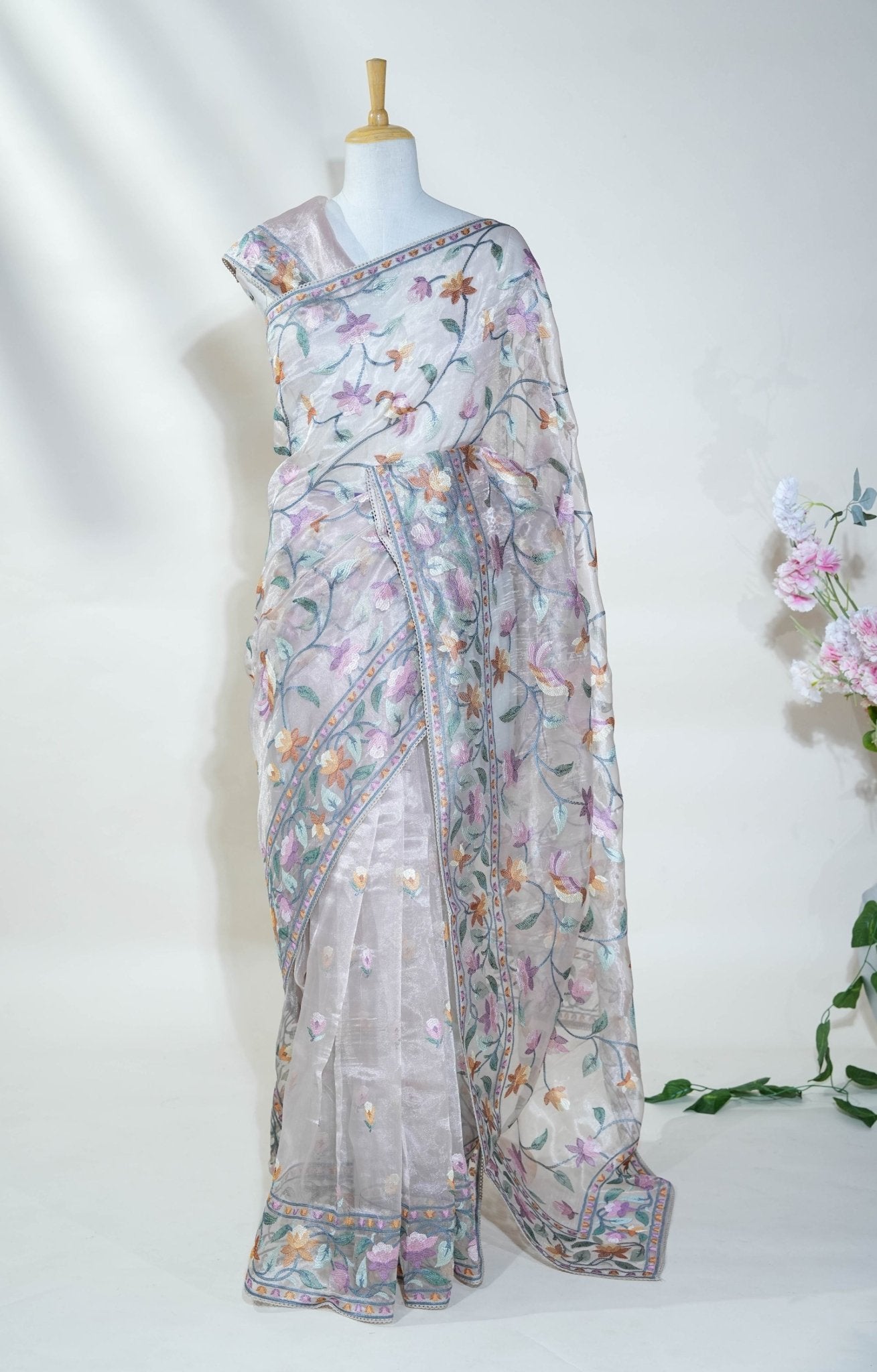 Pastel Embroidery Tissue Saree - Shop Vastram
