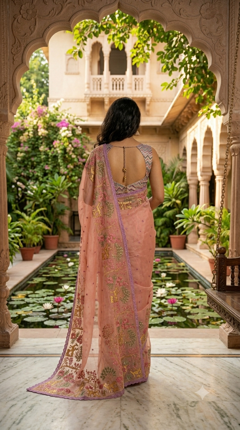 Peach Organza Floral Embroidered Saree with Zardosi Detailing - Shop Vastram