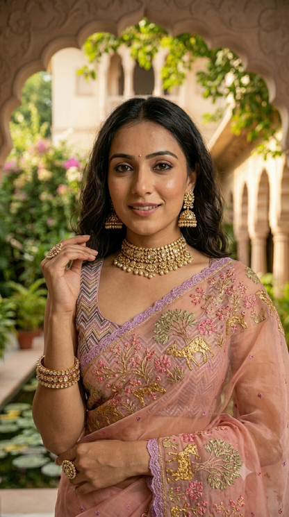 Peach Organza Floral Embroidered Saree with Zardosi Detailing - Shop Vastram