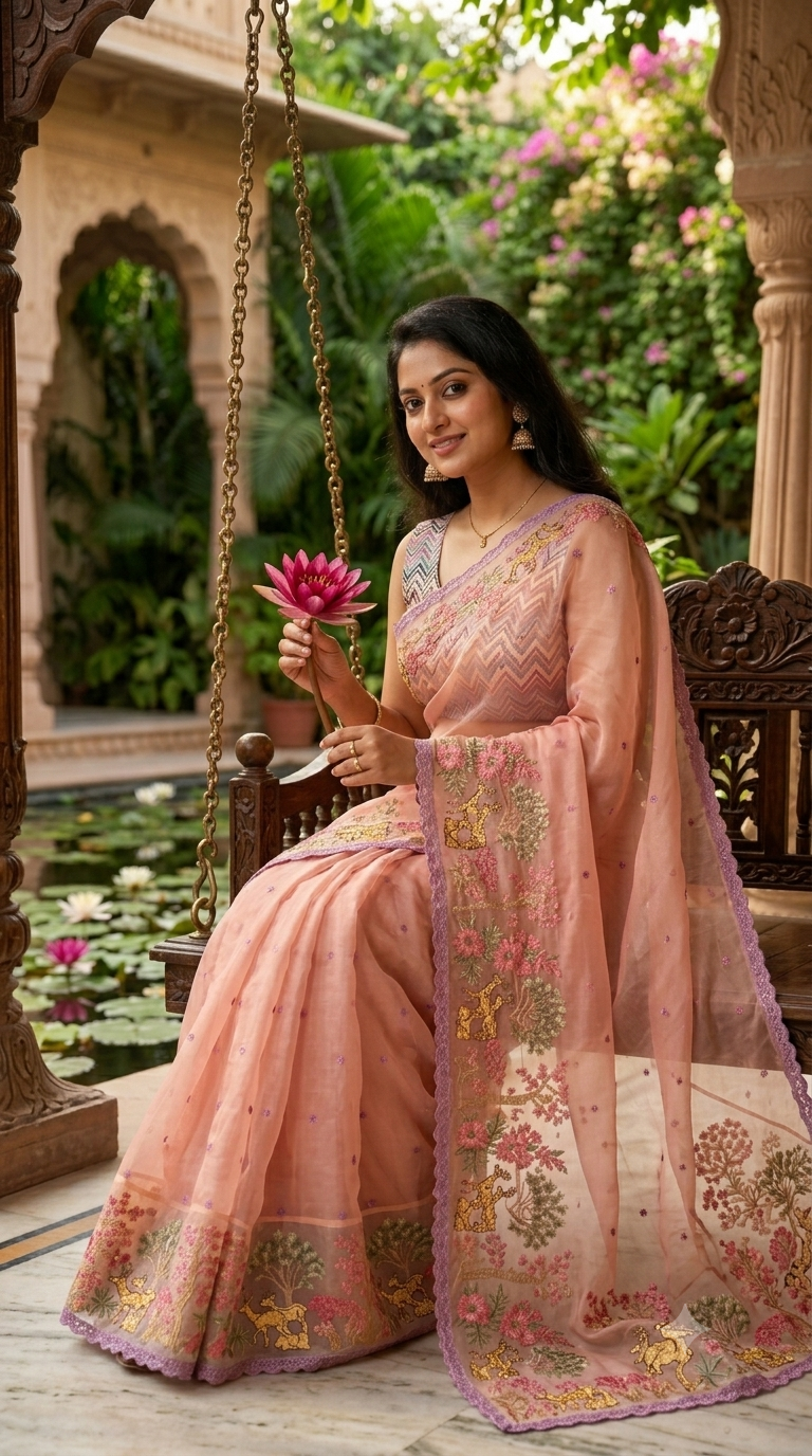 Peach Organza Floral Embroidered Saree with Zardosi Detailing - Shop Vastram