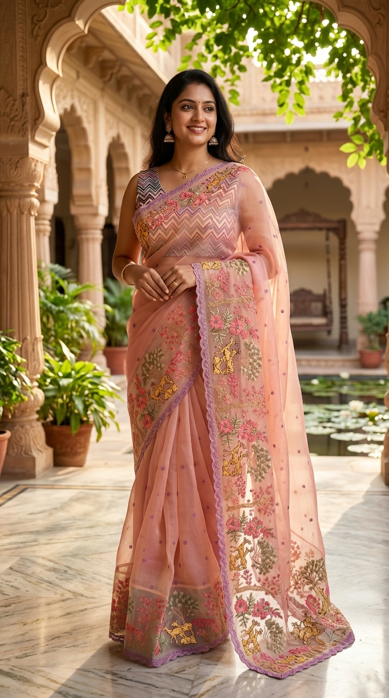 Peach Organza Floral Embroidered Saree with Zardosi Detailing - Shop Vastram