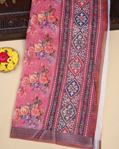 Pink Color Lenin Saree - Shop Vastram
