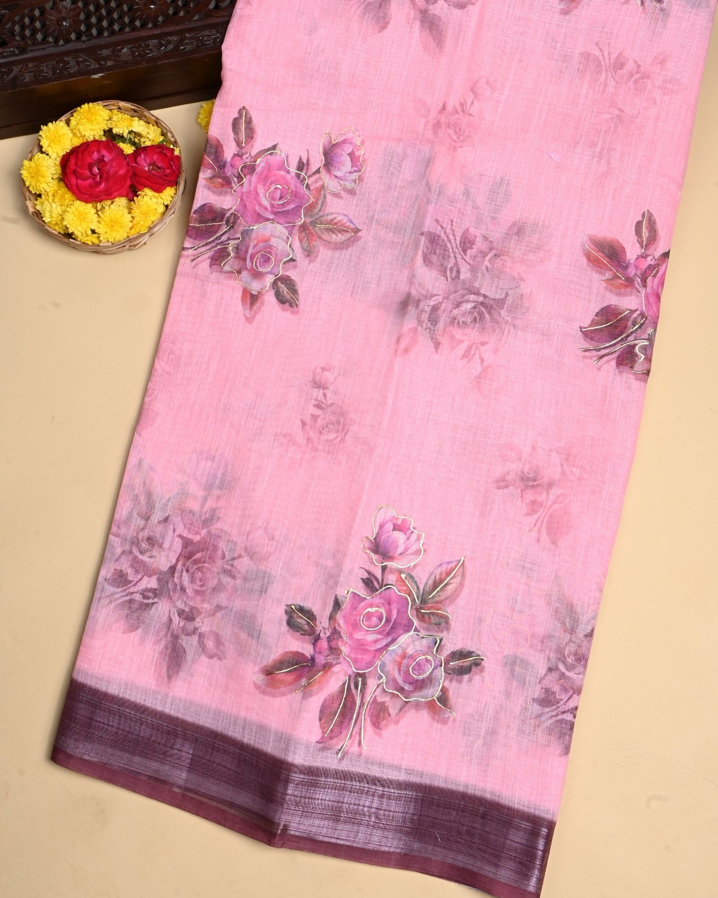 Pink Color Lenin Saree - Shop Vastram