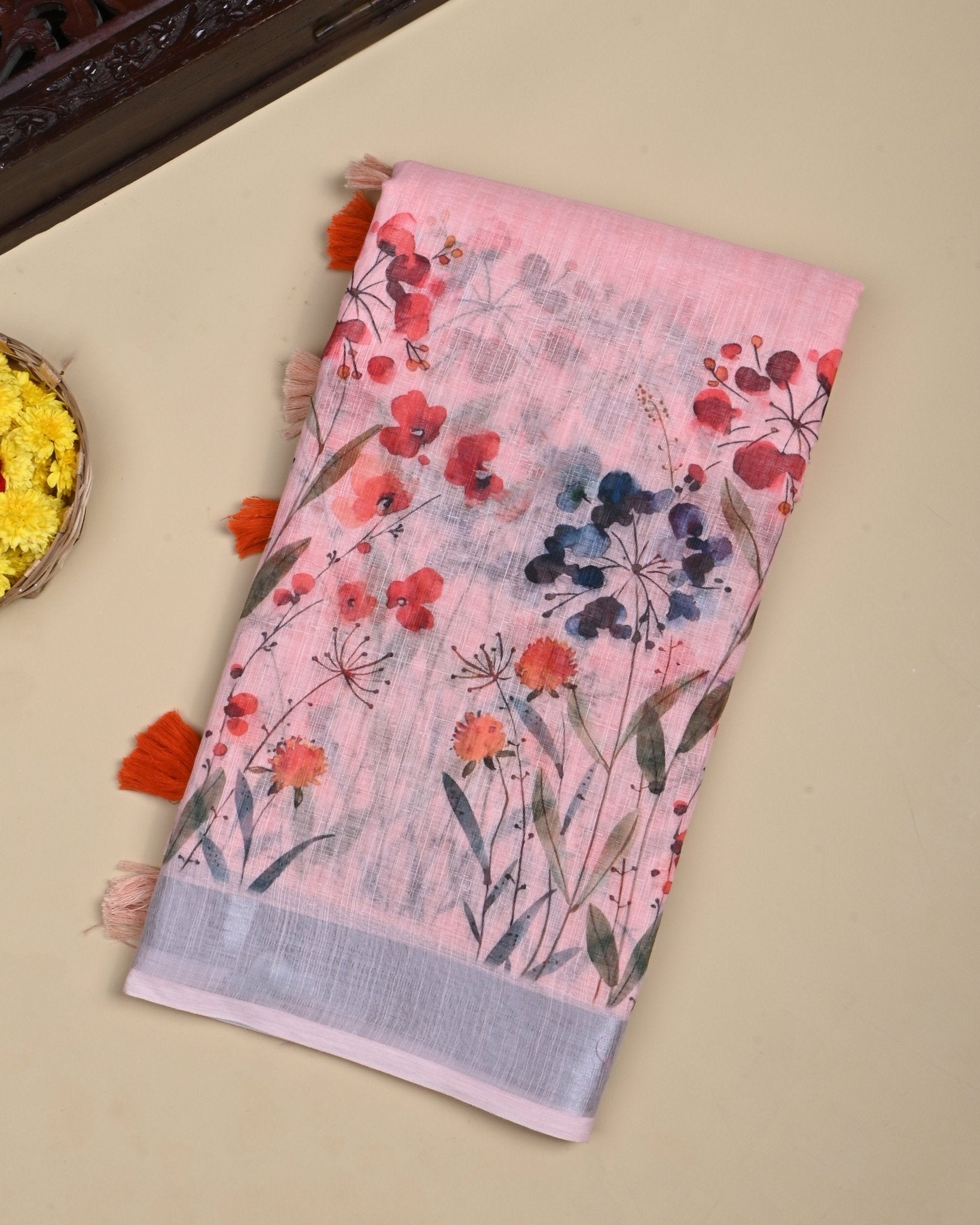 Pink Color Lenin Saree - Shop Vastram