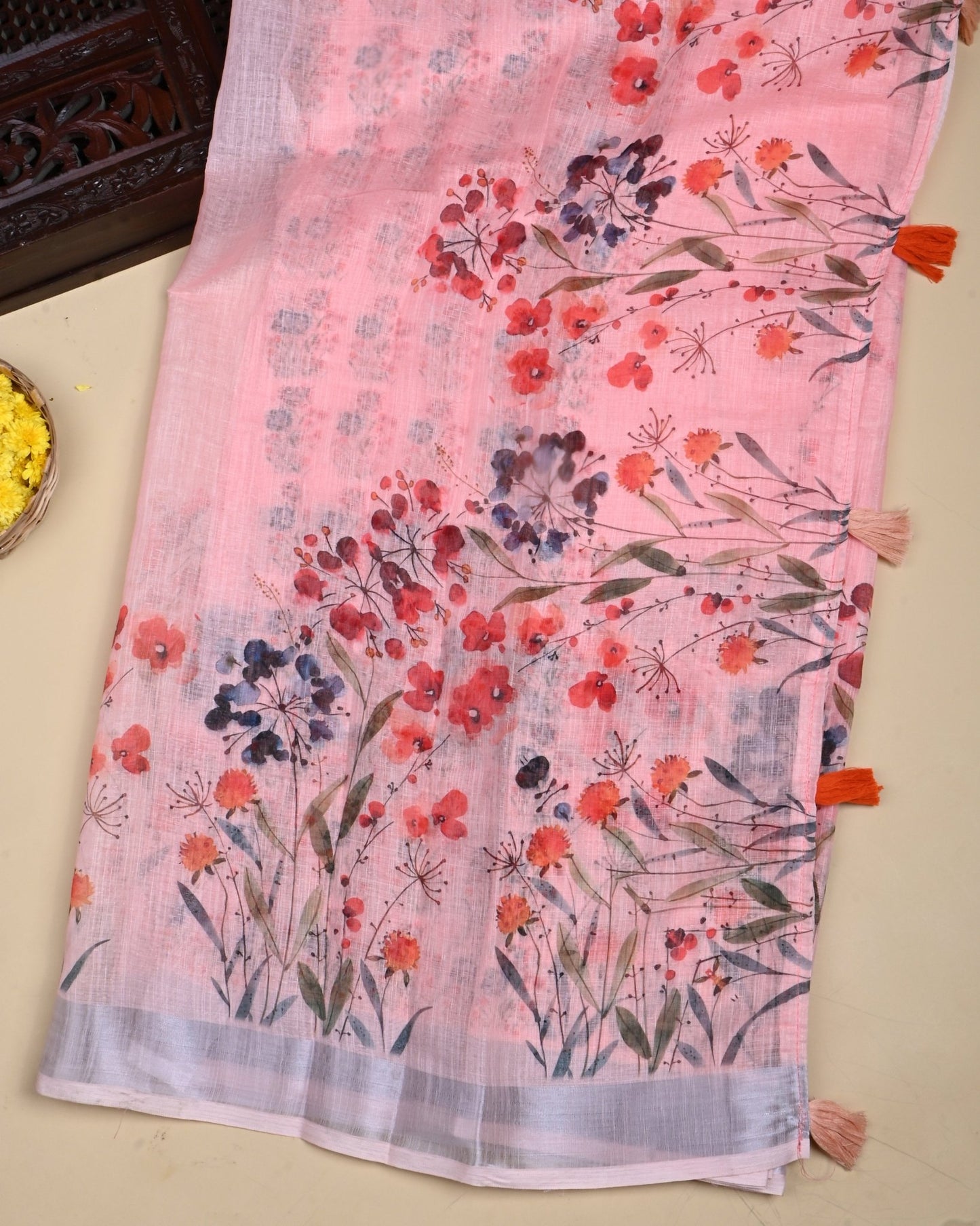 Pink Color Lenin Saree - Shop Vastram