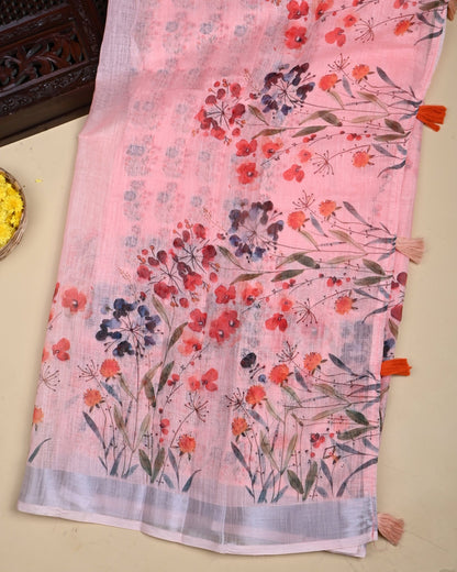 Pink Color Lenin Saree - Shop Vastram