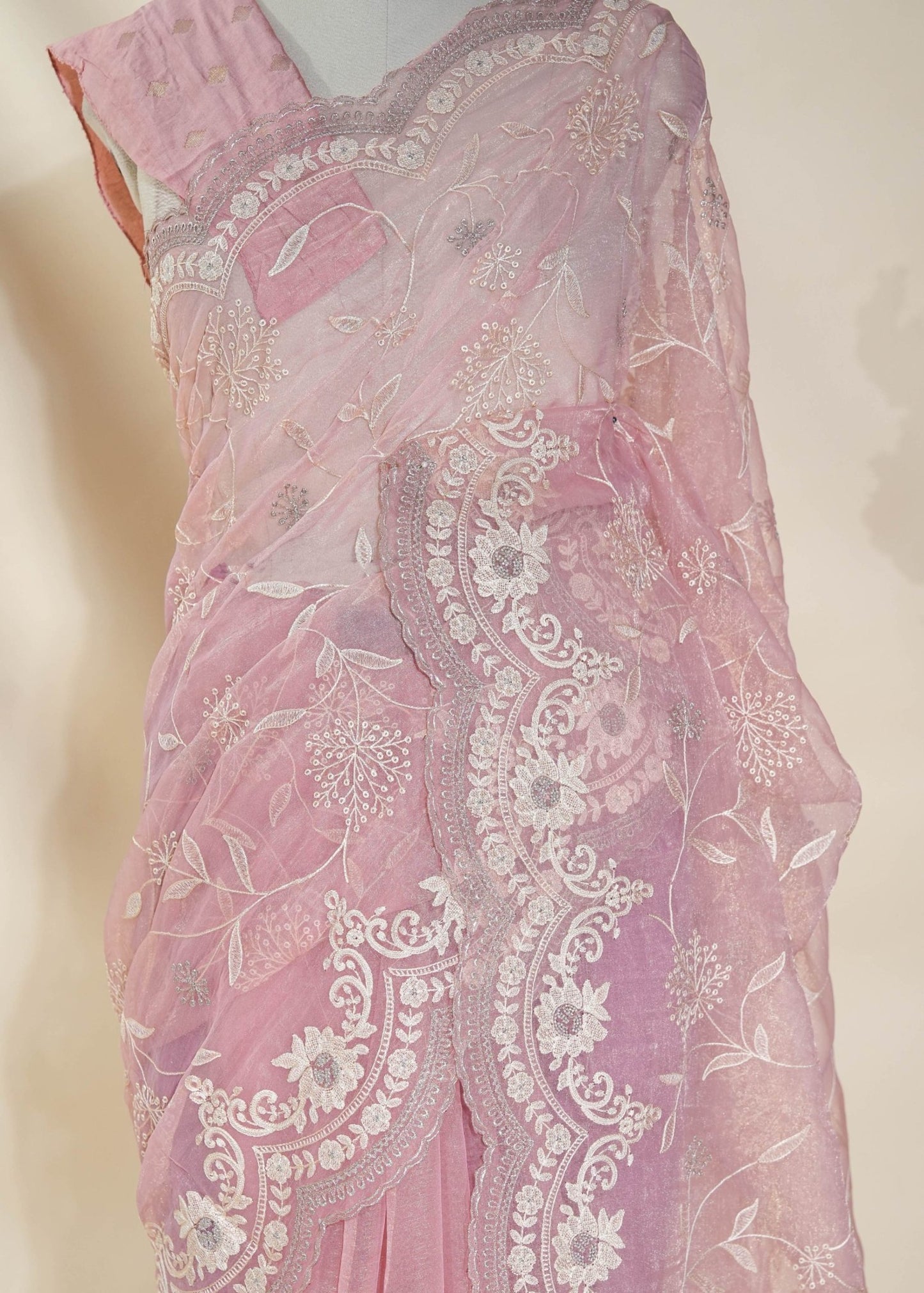 Pink Embroidery Organza Saree - Shop Vastram