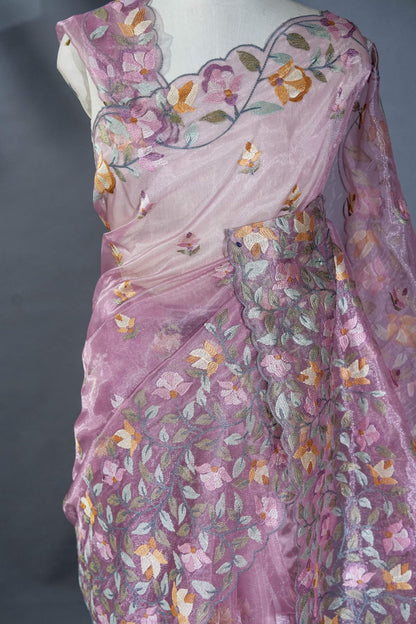 Pink Embroidery Organza Saree - Shop Vastram