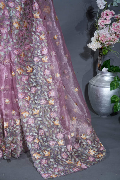 Pink Embroidery Organza Saree - Shop Vastram